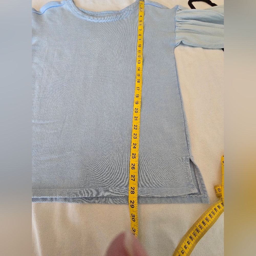 Anthropologie Pilcro Mixed Media Oversized Pullover Top Blue Balloon Sleeve Sz S - Picture 9 of 14